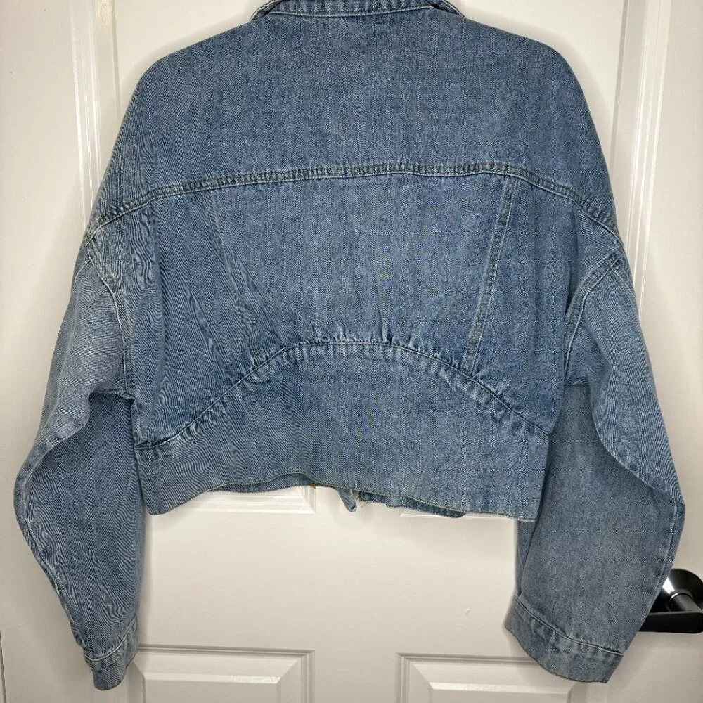Bold Bib Collar Blue Jean Jacket – Trendy Cropped Cut - Picture 3 of 15
